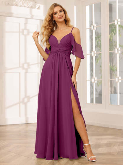 Spaghetti Strap V-Neck A-Line Princess Floor-Length Bridesmaid Dress with Side Split
