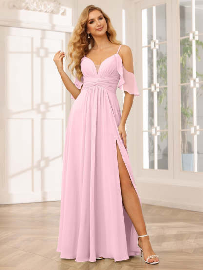 Spaghetti Strap V-Neck A-Line Princess Floor-Length Bridesmaid Dress with Side Split