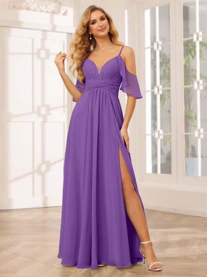 Spaghetti Strap V-Neck A-Line Princess Floor-Length Bridesmaid Dress with Side Split
