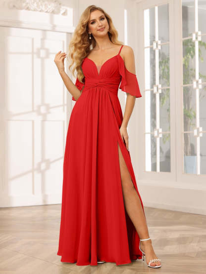 Spaghetti Strap V-Neck A-Line Princess Floor-Length Bridesmaid Dress with Side Split