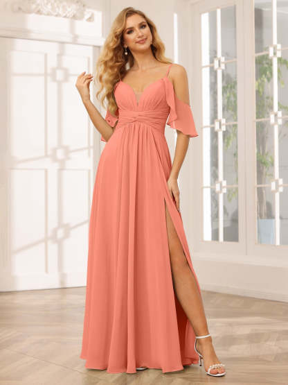 Spaghetti Strap V-Neck A-Line Princess Floor-Length Bridesmaid Dress with Side Split
