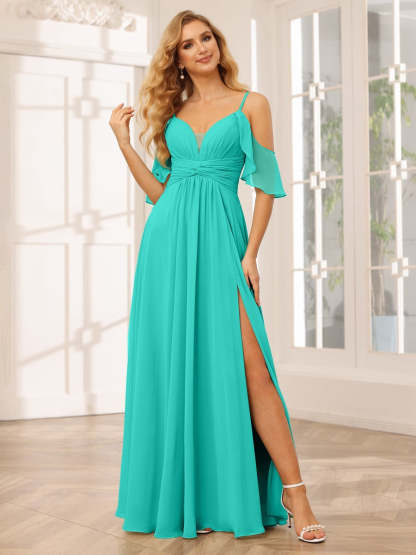 Spaghetti Strap V-Neck A-Line Princess Floor-Length Bridesmaid Dress with Side Split