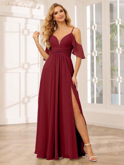 Spaghetti Strap V-Neck A-Line Princess Floor-Length Bridesmaid Dress with Side Split
