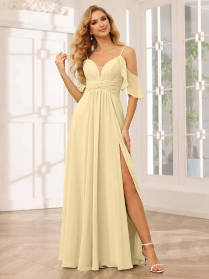 Spaghetti Strap V-Neck A-Line Princess Floor-Length Bridesmaid Dress with Side Split