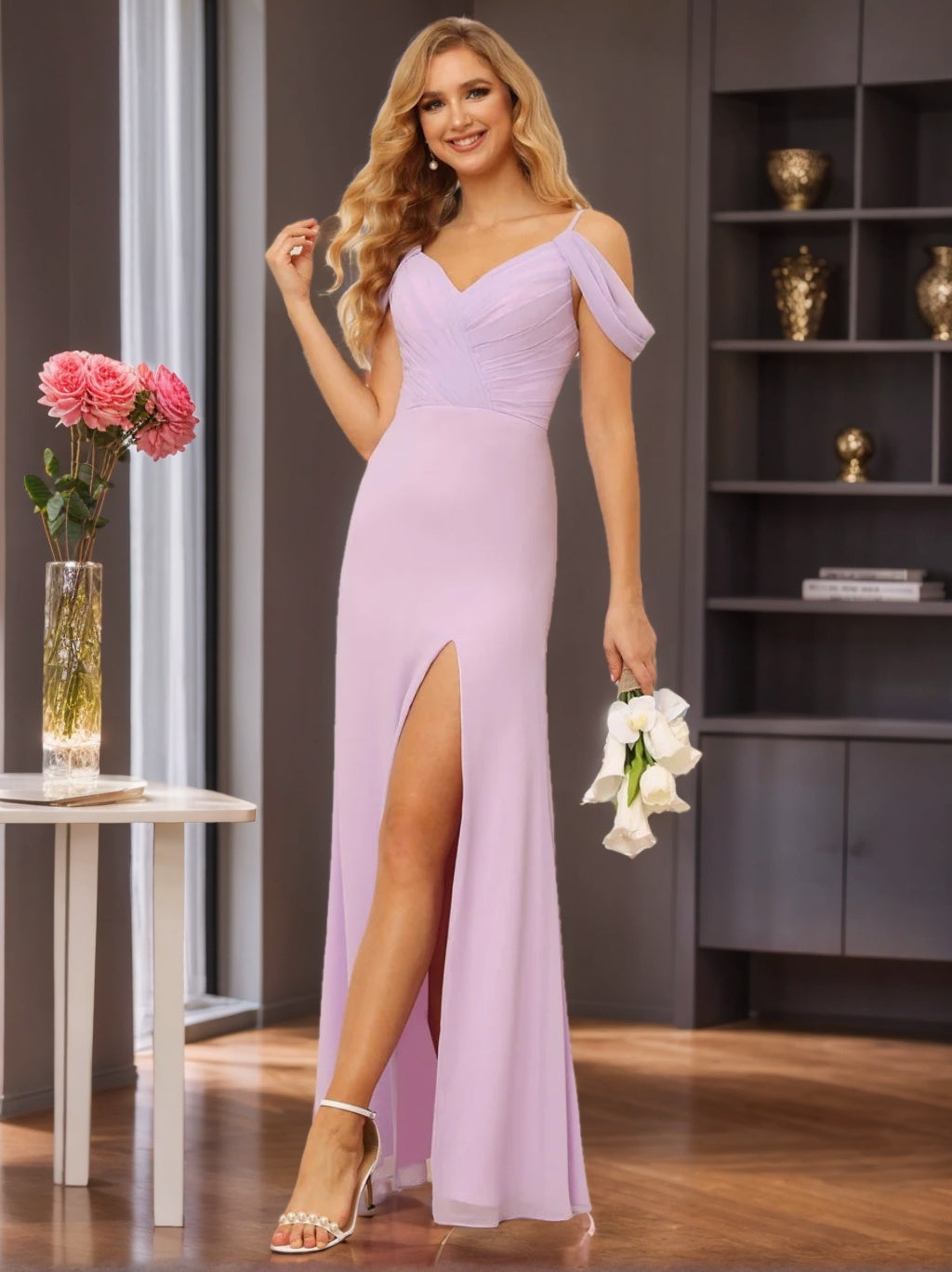 Off-the-Shoulder Floor-Length Bridesmaid Dresses with Spaghetti Straps and Side Split