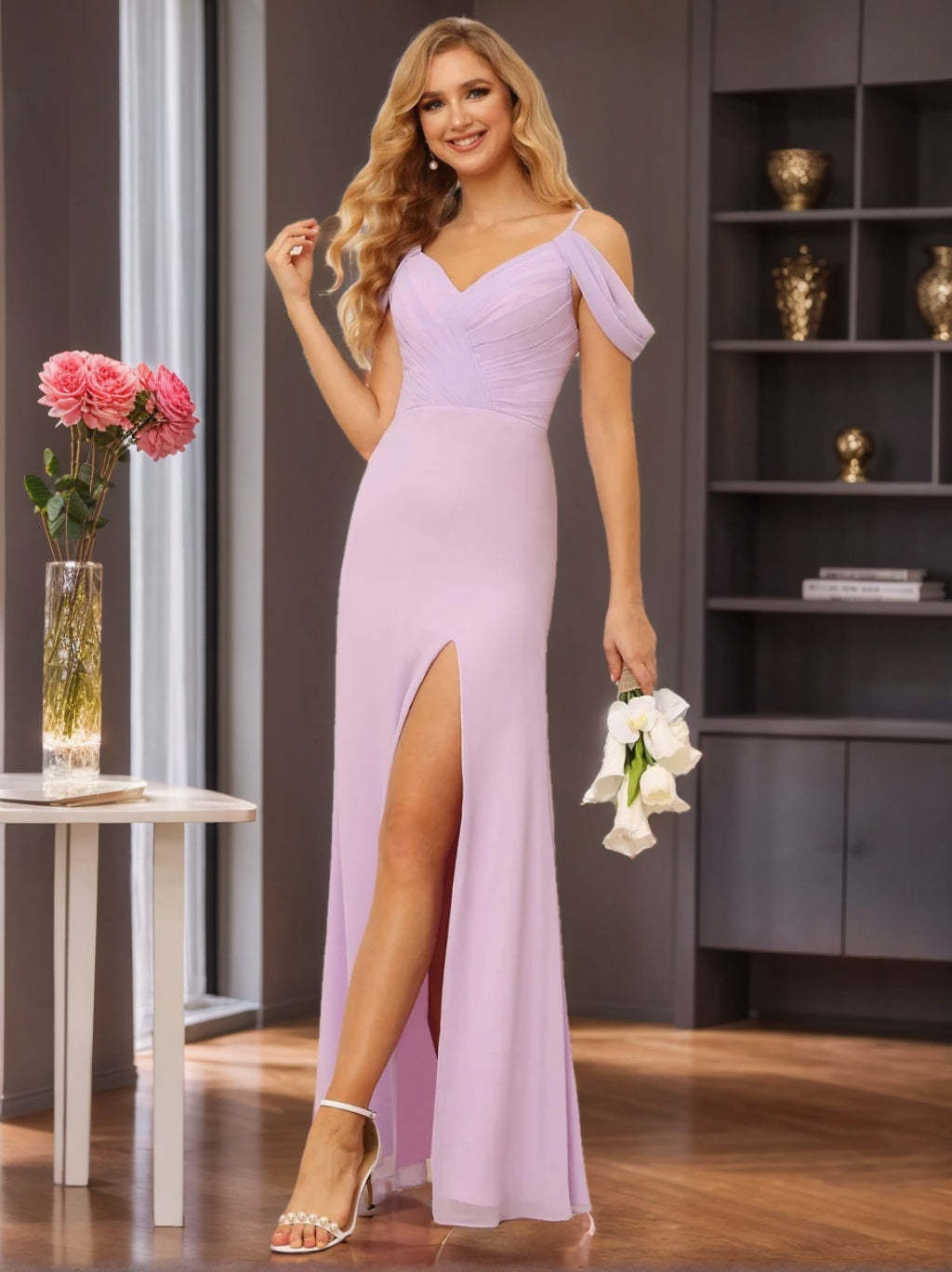 Off-the-Shoulder Floor-Length Bridesmaid Dresses with Spaghetti Straps and Side Split