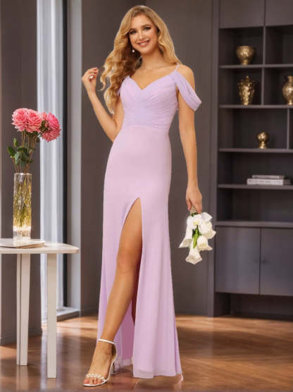 Off-the-Shoulder Floor-Length Bridesmaid Dresses with Spaghetti Straps and Side Split