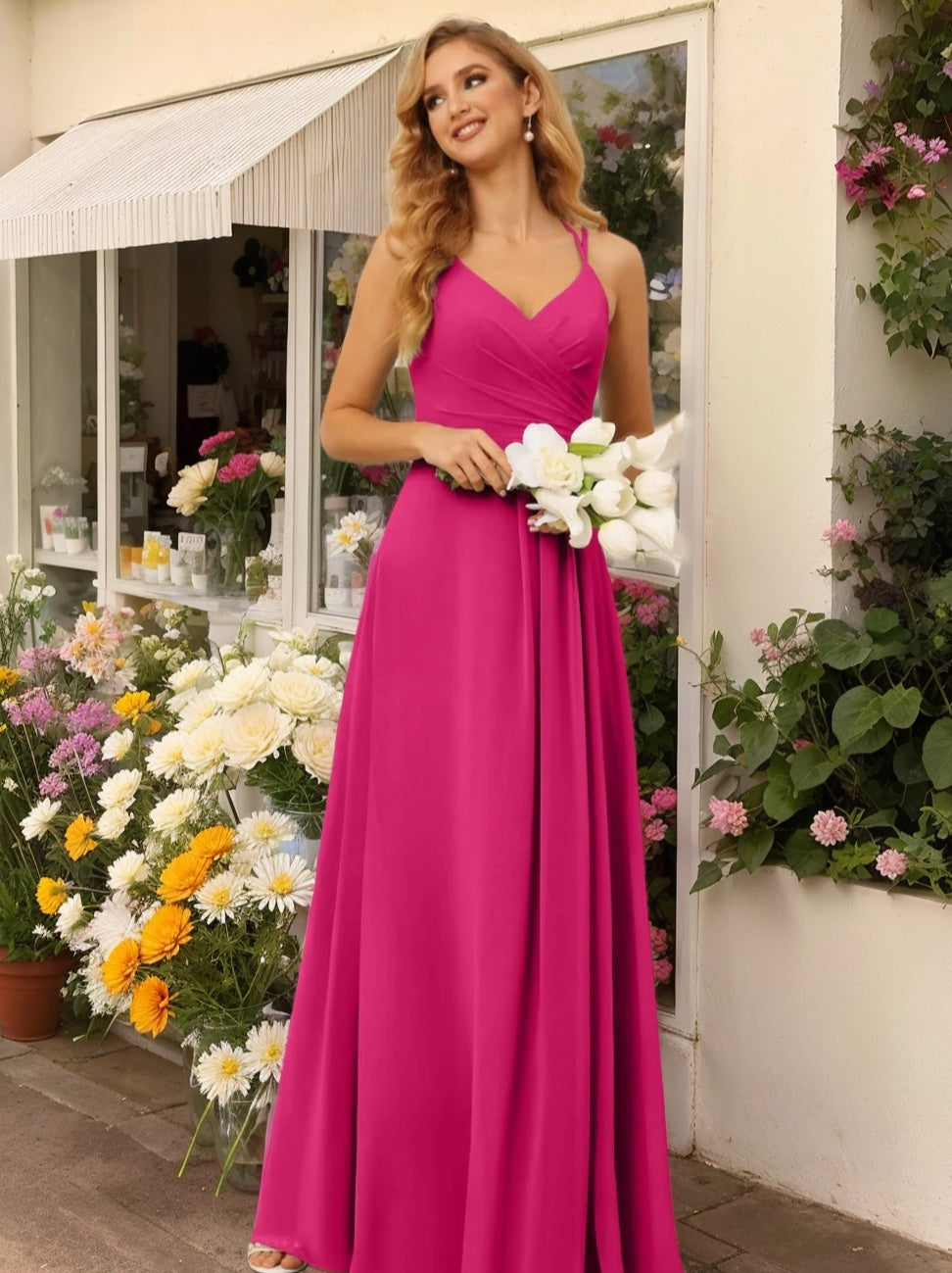 V-Neck Sleeveless A-Line Princess Floor-Length Bridesmaid Dresses with Ruffles