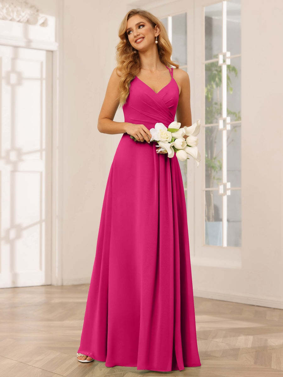 V-Neck Sleeveless A-Line Princess Floor-Length Bridesmaid Dresses with Ruffles