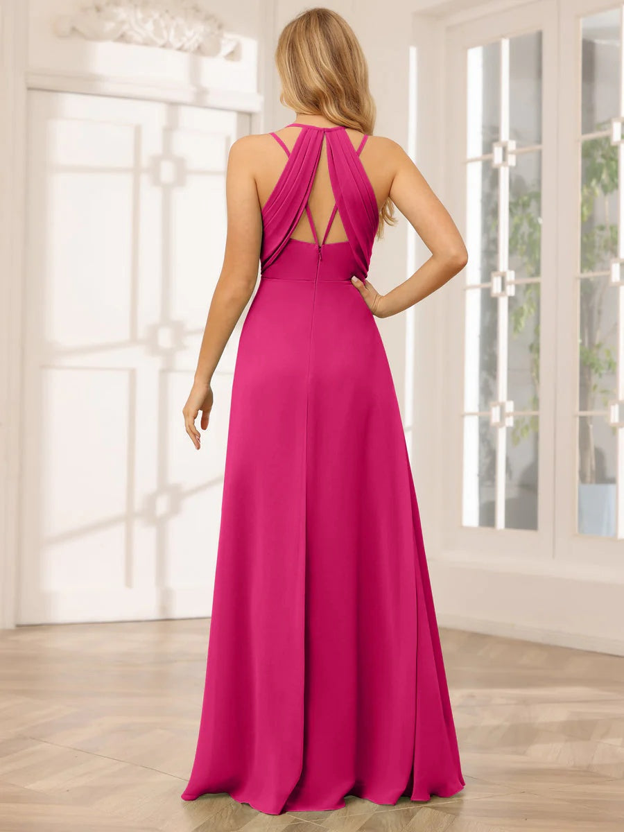 V-Neck Sleeveless A-Line Princess Floor-Length Bridesmaid Dresses with Ruffles