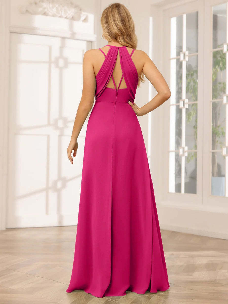 V-Neck Sleeveless A-Line Princess Floor-Length Bridesmaid Dresses with Ruffles