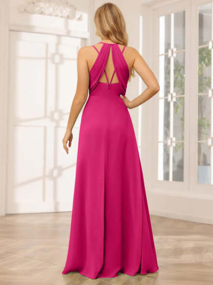 V-Neck Sleeveless A-Line Princess Floor-Length Bridesmaid Dresses with Ruffles