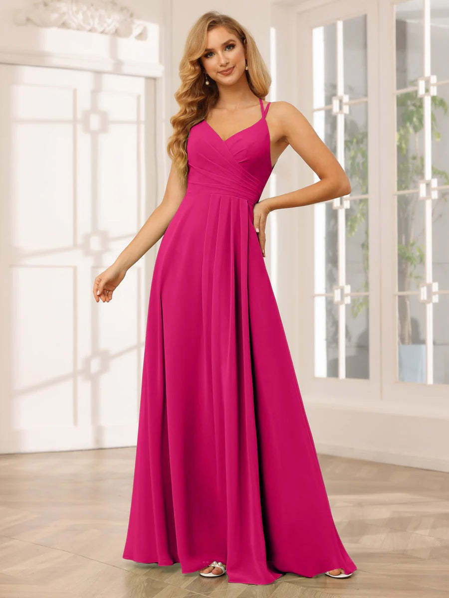 V-Neck Sleeveless A-Line Princess Floor-Length Bridesmaid Dresses with Ruffles