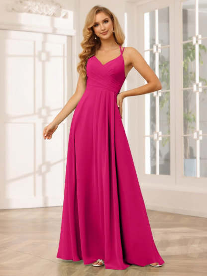 V-Neck Sleeveless A-Line Princess Floor-Length Bridesmaid Dresses with Ruffles