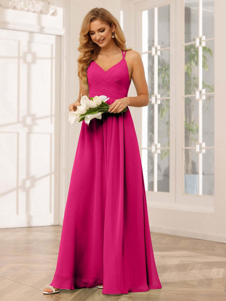 V-Neck Sleeveless A-Line Princess Floor-Length Bridesmaid Dresses with Ruffles