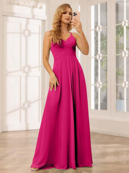 V-Neck Sleeveless A-Line Princess Floor-Length Bridesmaid Dresses with Ruffles