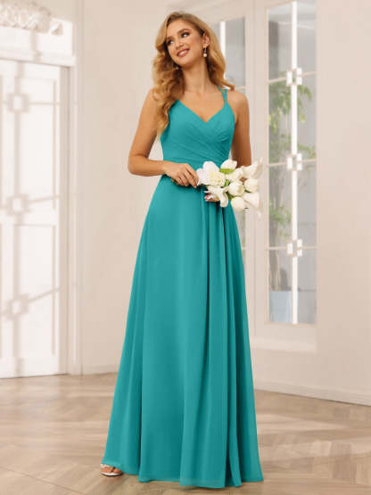 V-Neck Sleeveless A-Line Princess Floor-Length Bridesmaid Dresses with Ruffles