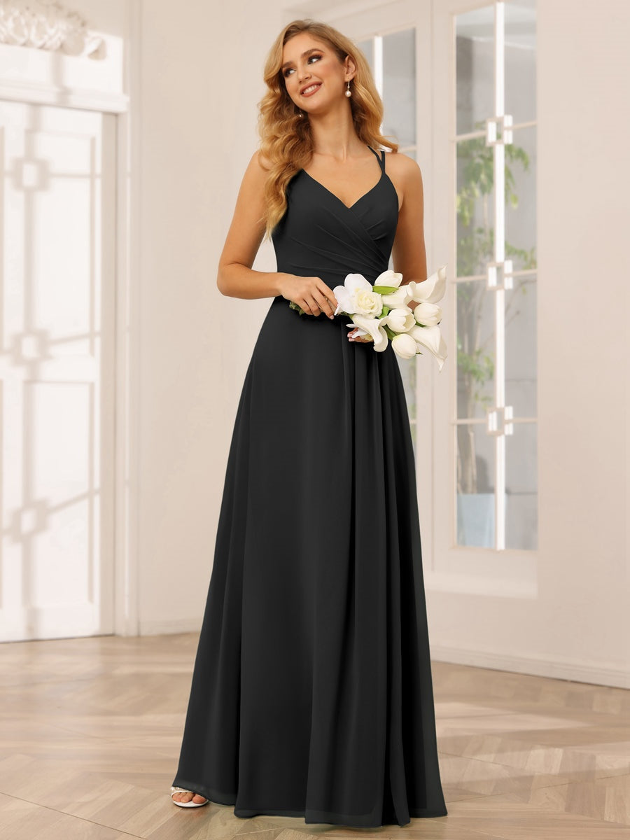 V-Neck Sleeveless A-Line Princess Floor-Length Bridesmaid Dresses with Ruffles