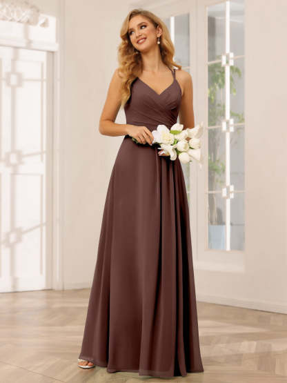 V-Neck Sleeveless A-Line Princess Floor-Length Bridesmaid Dresses with Ruffles