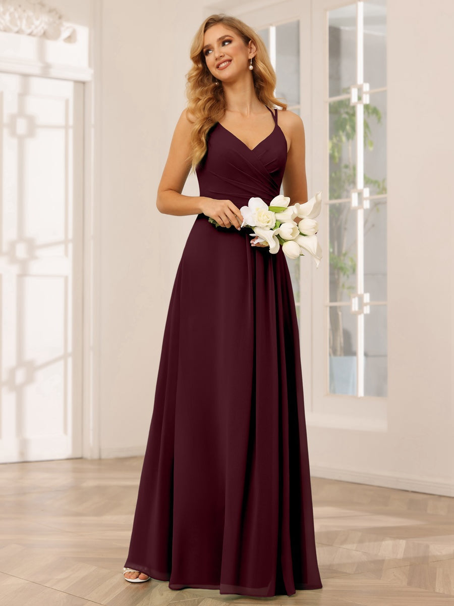 V-Neck Sleeveless A-Line Princess Floor-Length Bridesmaid Dresses with Ruffles