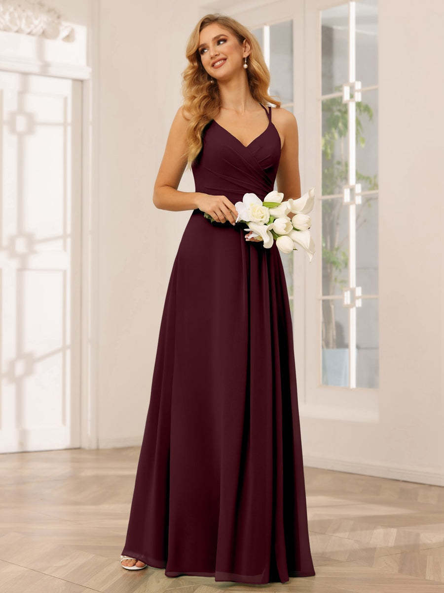 V-Neck Sleeveless A-Line Princess Floor-Length Bridesmaid Dresses with Ruffles