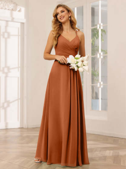 V-Neck Sleeveless A-Line Princess Floor-Length Bridesmaid Dresses with Ruffles