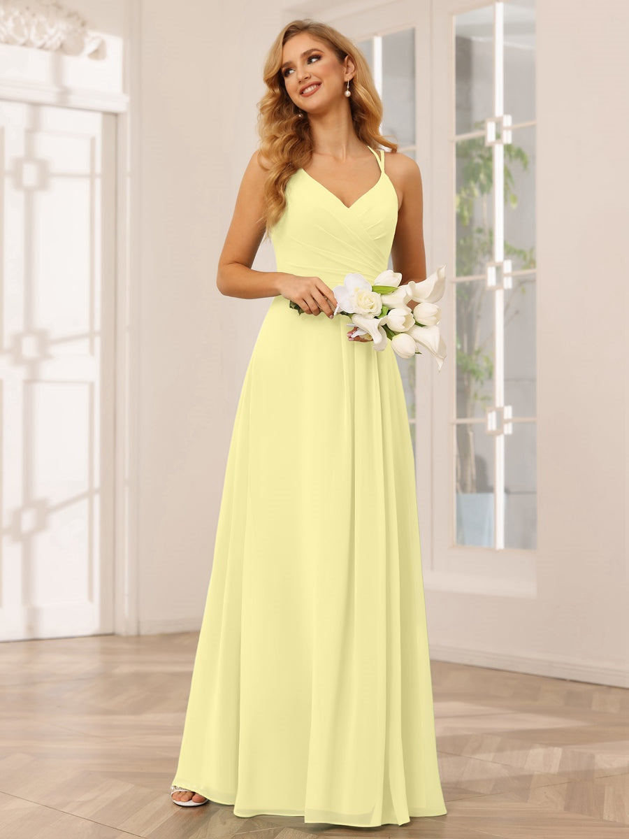 V-Neck Sleeveless A-Line Princess Floor-Length Bridesmaid Dresses with Ruffles