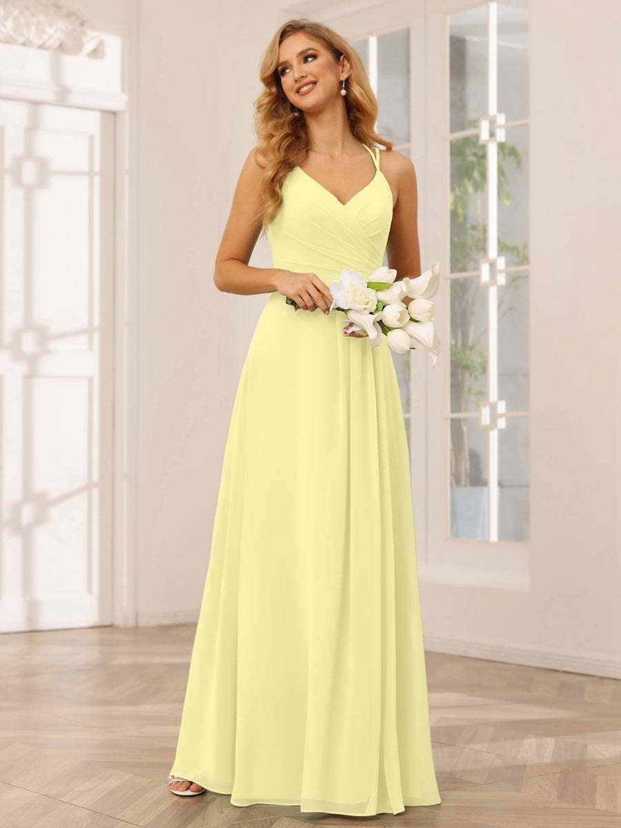 V-Neck Sleeveless A-Line Princess Floor-Length Bridesmaid Dresses with Ruffles