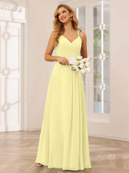 V-Neck Sleeveless A-Line Princess Floor-Length Bridesmaid Dresses with Ruffles