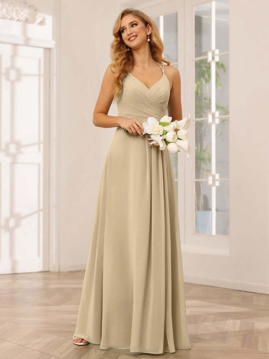 V-Neck Sleeveless A-Line Princess Floor-Length Bridesmaid Dresses with Ruffles