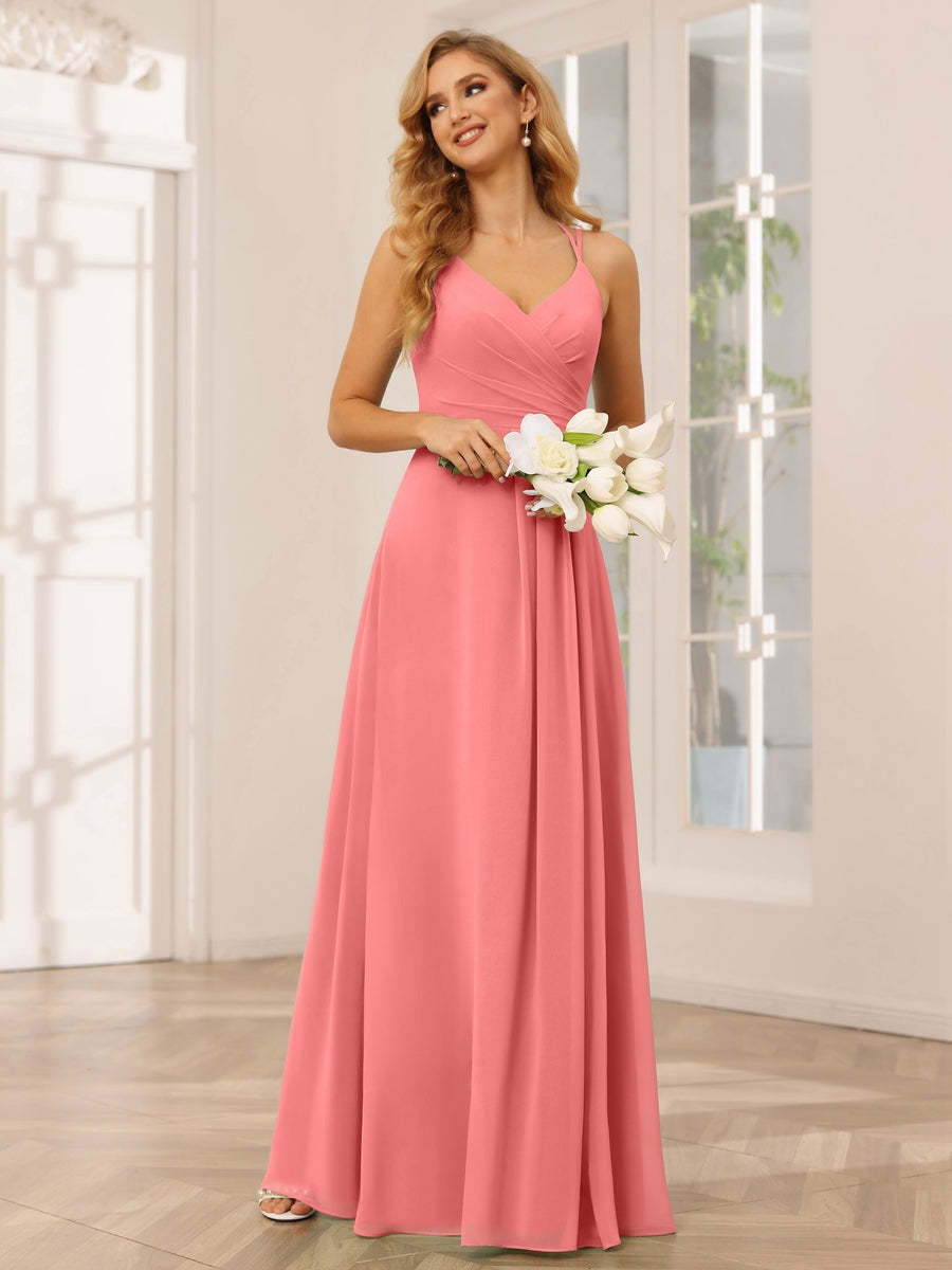 V-Neck Sleeveless A-Line Princess Floor-Length Bridesmaid Dresses with Ruffles