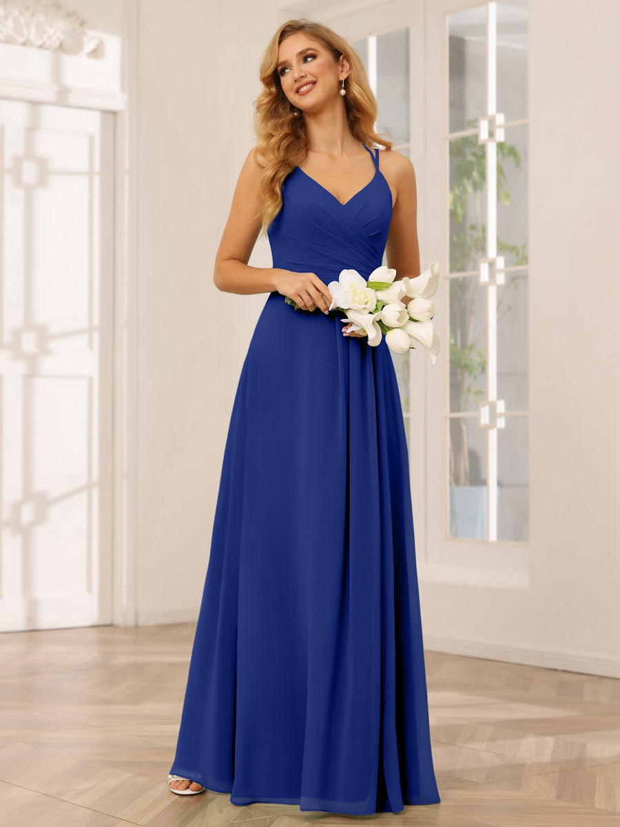 V-Neck Sleeveless A-Line Princess Floor-Length Bridesmaid Dresses with Ruffles
