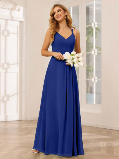 V-Neck Sleeveless A-Line Princess Floor-Length Bridesmaid Dresses with Ruffles
