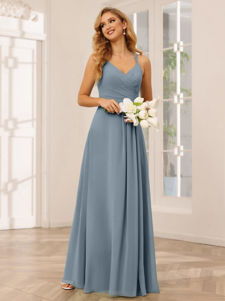 V-Neck Sleeveless A-Line Princess Floor-Length Bridesmaid Dresses with Ruffles