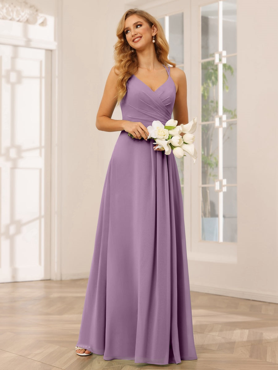 V-Neck Sleeveless A-Line Princess Floor-Length Bridesmaid Dresses with Ruffles