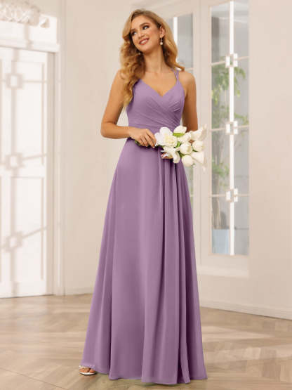 V-Neck Sleeveless A-Line Princess Floor-Length Bridesmaid Dresses with Ruffles