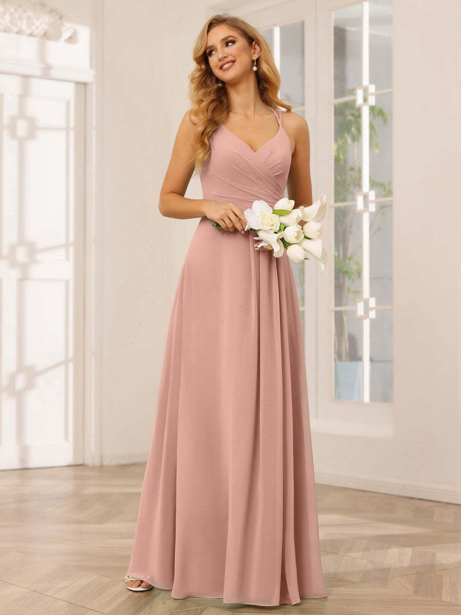V-Neck Sleeveless A-Line Princess Floor-Length Bridesmaid Dresses with Ruffles