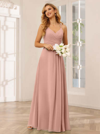 V-Neck Sleeveless A-Line Princess Floor-Length Bridesmaid Dresses with Ruffles