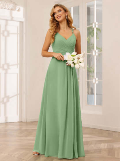 V-Neck Sleeveless A-Line Princess Floor-Length Bridesmaid Dresses with Ruffles