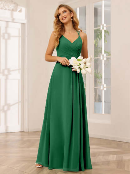 V-Neck Sleeveless A-Line Princess Floor-Length Bridesmaid Dresses with Ruffles