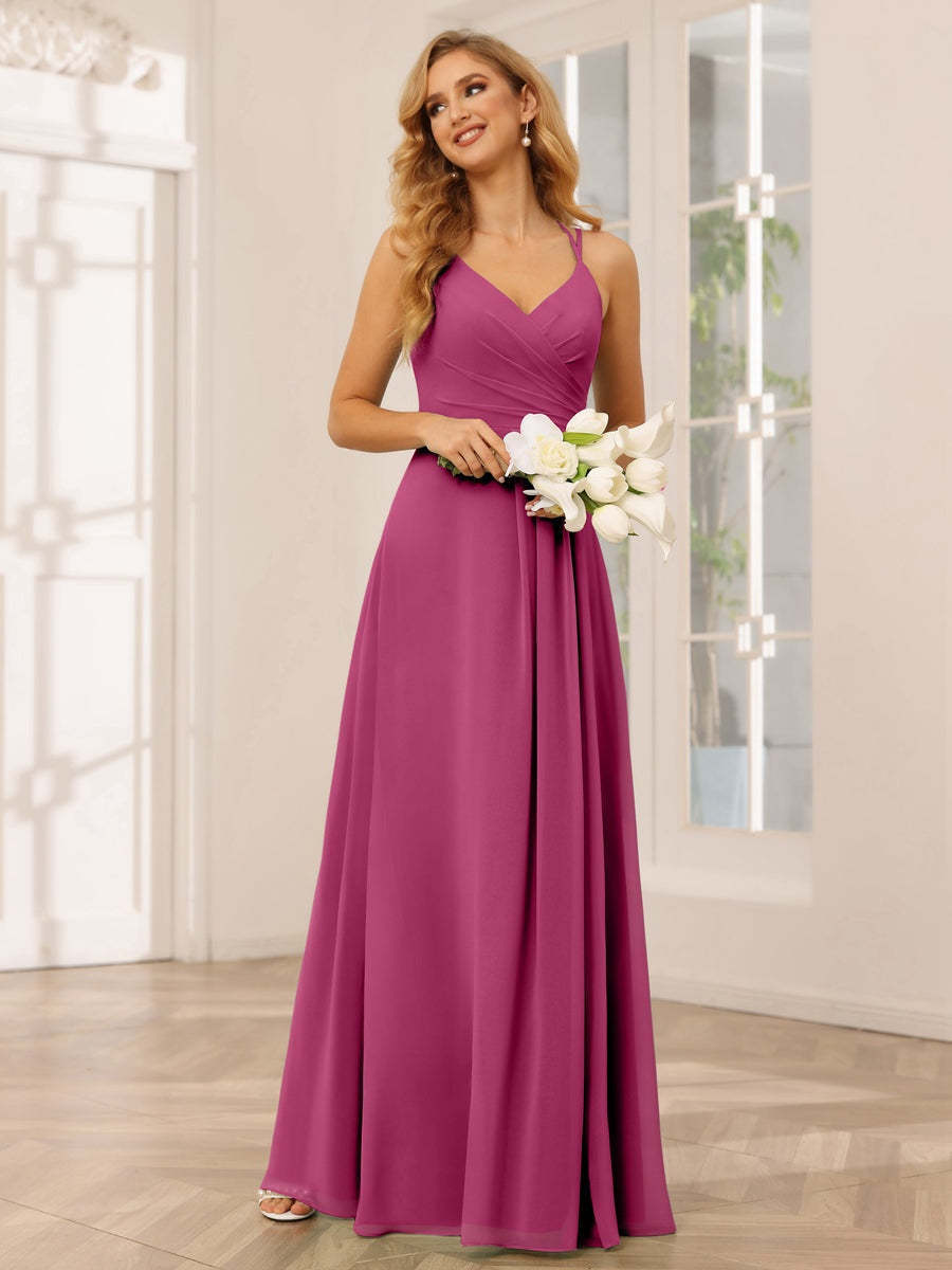 V-Neck Sleeveless A-Line Princess Floor-Length Bridesmaid Dresses with Ruffles