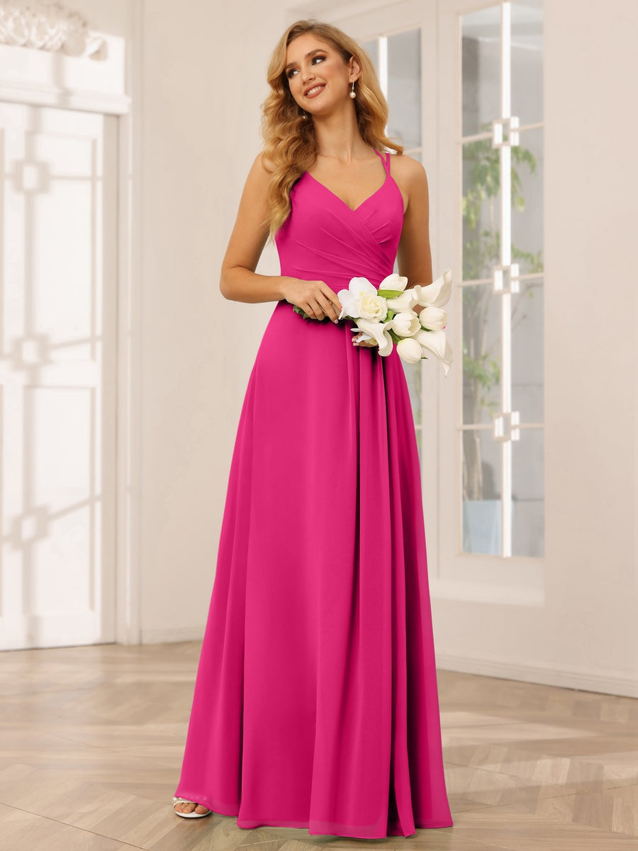 V-Neck Sleeveless A-Line Princess Floor-Length Bridesmaid Dresses with Ruffles