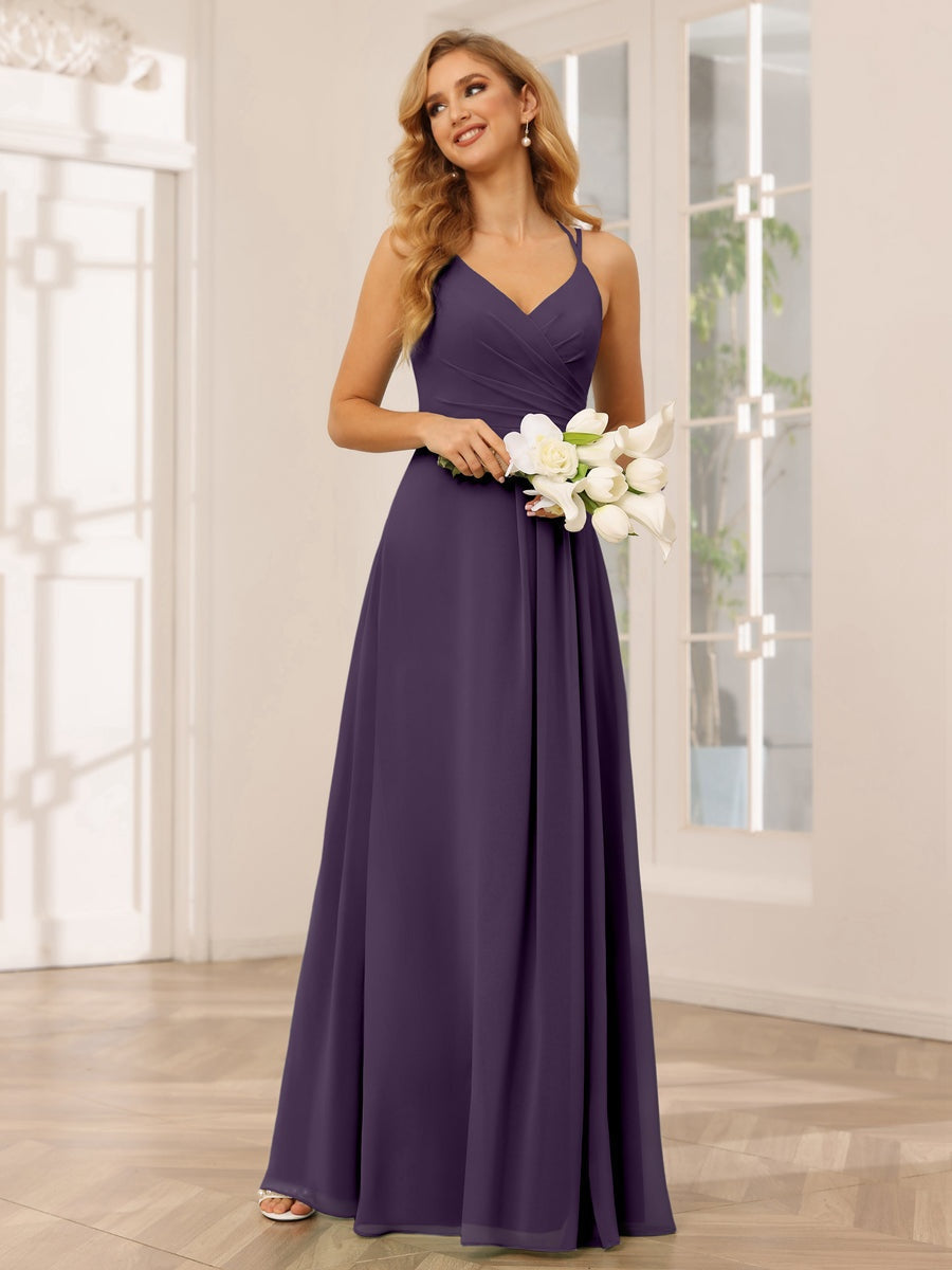 V-Neck Sleeveless A-Line Princess Floor-Length Bridesmaid Dresses with Ruffles