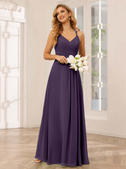 V-Neck Sleeveless A-Line Princess Floor-Length Bridesmaid Dresses with Ruffles