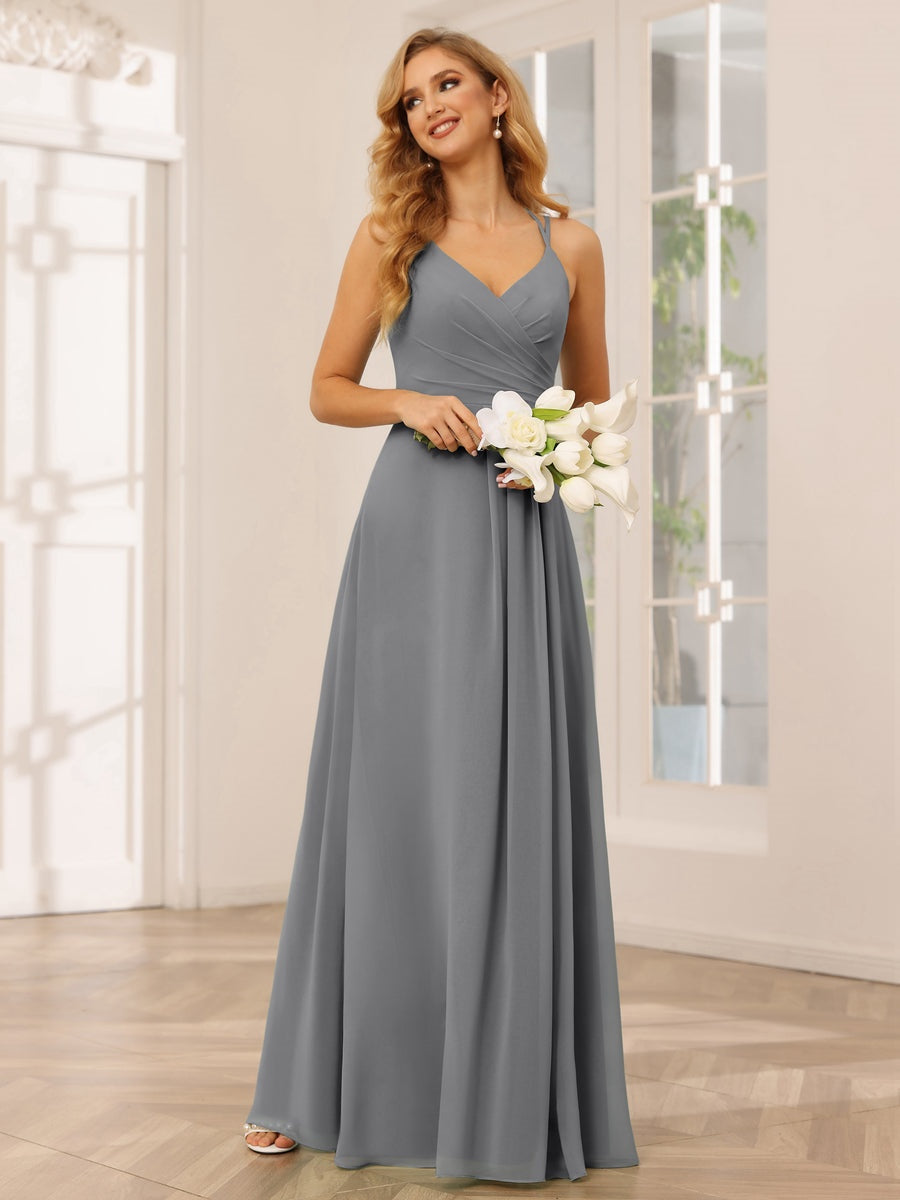 V-Neck Sleeveless A-Line Princess Floor-Length Bridesmaid Dresses with Ruffles