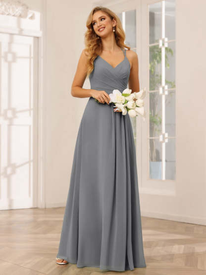 V-Neck Sleeveless A-Line Princess Floor-Length Bridesmaid Dresses with Ruffles