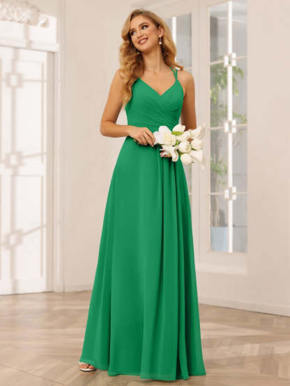 V-Neck Sleeveless A-Line Princess Floor-Length Bridesmaid Dresses with Ruffles