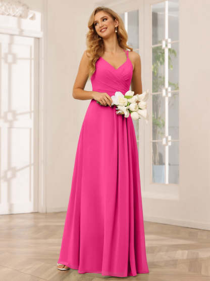 V-Neck Sleeveless A-Line Princess Floor-Length Bridesmaid Dresses with Ruffles