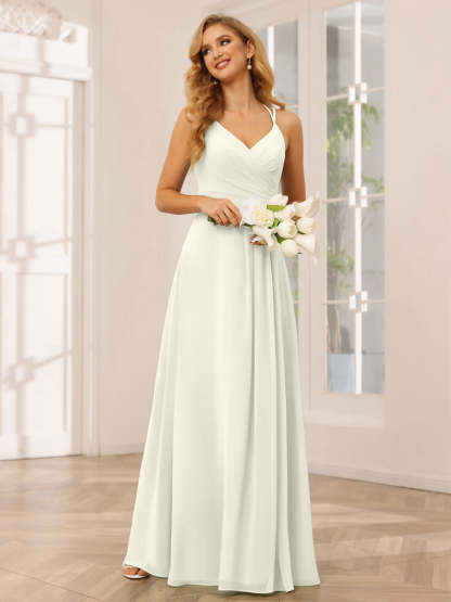 V-Neck Sleeveless A-Line Princess Floor-Length Bridesmaid Dresses with Ruffles