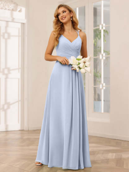 V-Neck Sleeveless A-Line Princess Floor-Length Bridesmaid Dresses with Ruffles